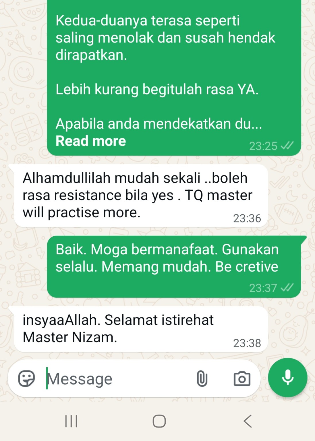 Tangkapan layar testimoni tanpa nama daripada klien Jari Pendulum di Singapura yang mengatakan beliau dapat merasakan resistance bagi respons ya
