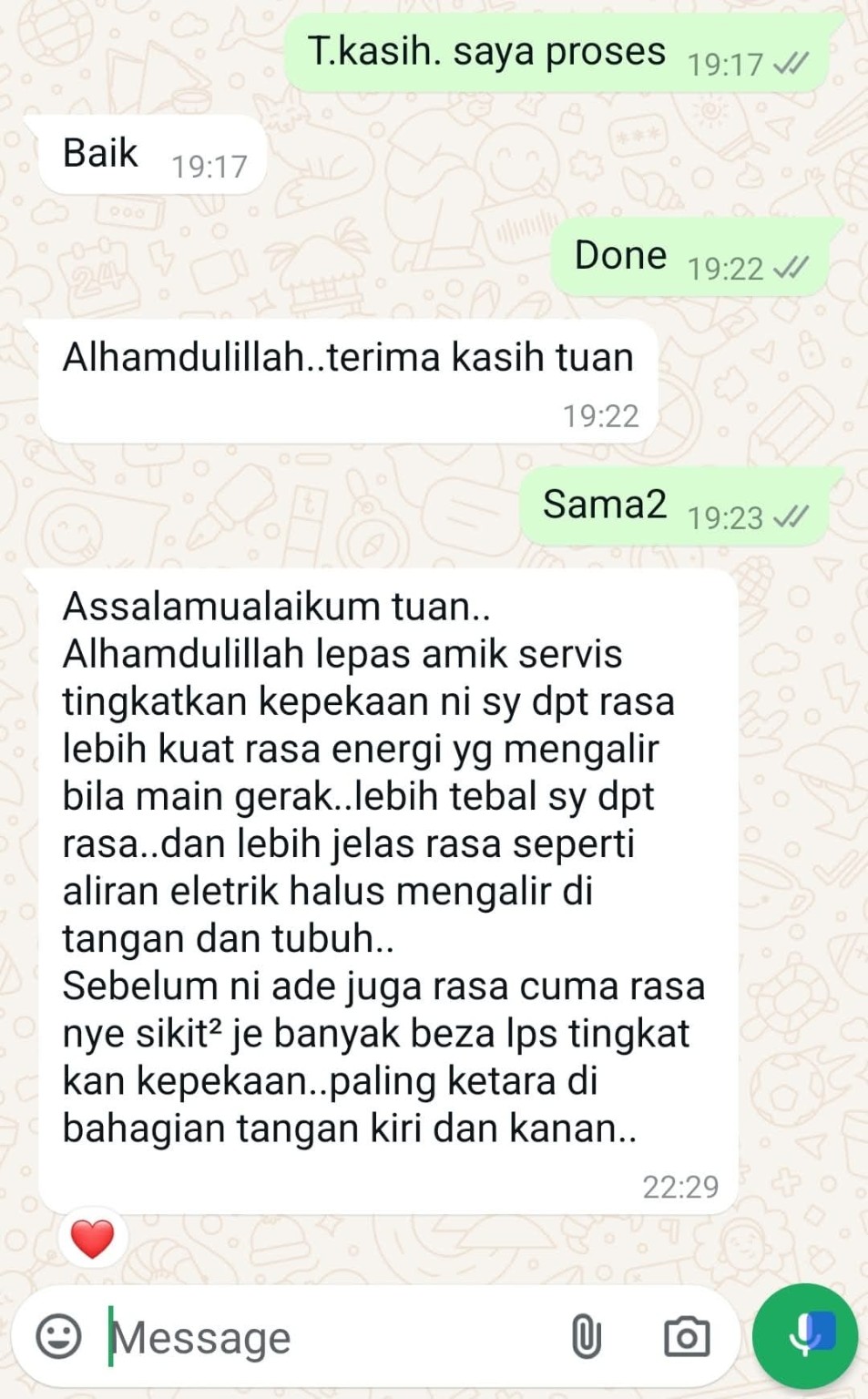 Tangkapan layar tanpa nama daripada pengguna yang melaporkan sensasi aliran energi lebih kuat dan jelas selepas servis Kepekaan Energi