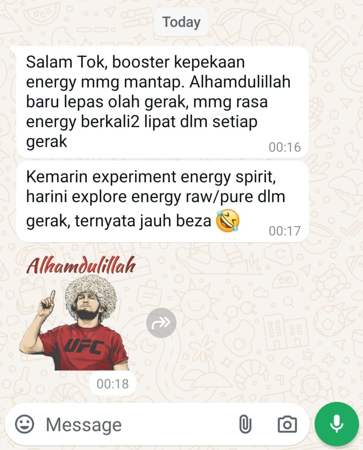 Tangkapan layar tanpa nama daripada pengguna yang melaporkan sensasi energi beberapa kali lebih kuat ketika latihan gerak