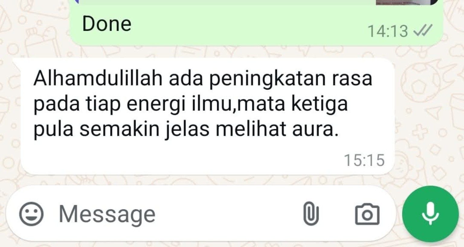 Tangkapan layar tanpa nama daripada pengguna yang melaporkan peningkatan kepekaan terhadap energi ilmu dan pengalaman melihat aura
